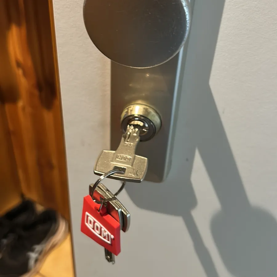 Neu eingebauter DOM-Sicherheitszylinder mit Schlüsseln an einer Wohnungstür in Wien