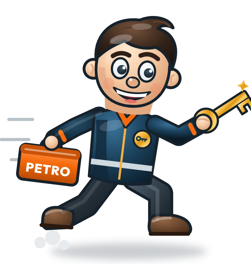 Petro, die Figur von Schlüsseldienst Petro, eilt mit Werkzeugkoffer und Schlüssel zu Hilfe